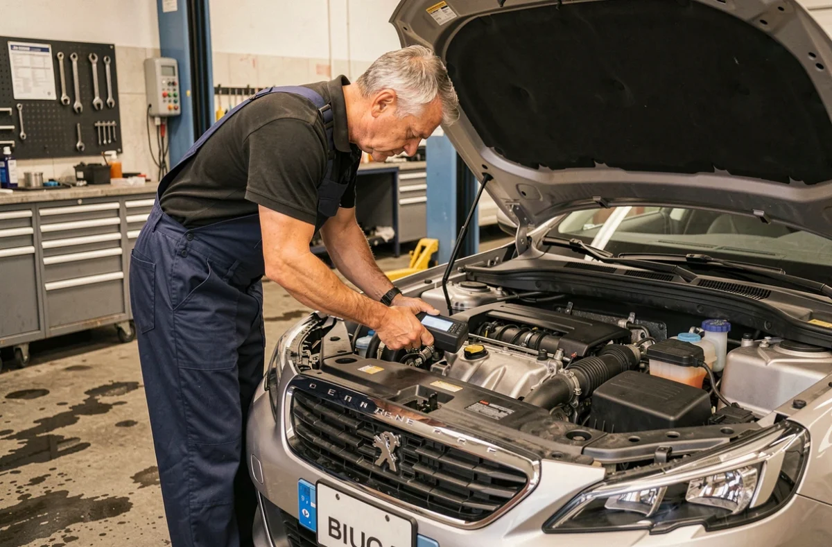 Mécanicien inspectant le moteur 1.6 PureTech 225 d'une Peugeot 508 en atelier de réparation automobile, contrôle fiabilité avant achat