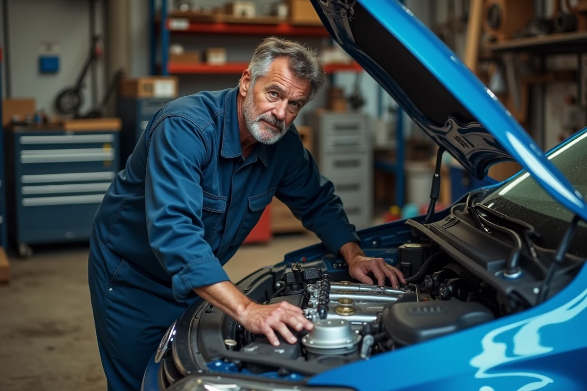 Mécanicien inspectant un moteur diesel 1.6 HDI dans un atelier automobile