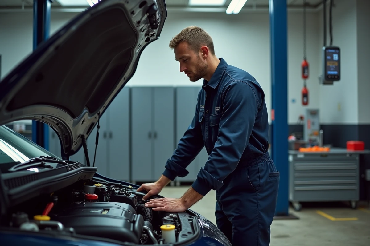 Mécanicien homme inspectant un moteur Peugeot 208 GTi dans un atelier