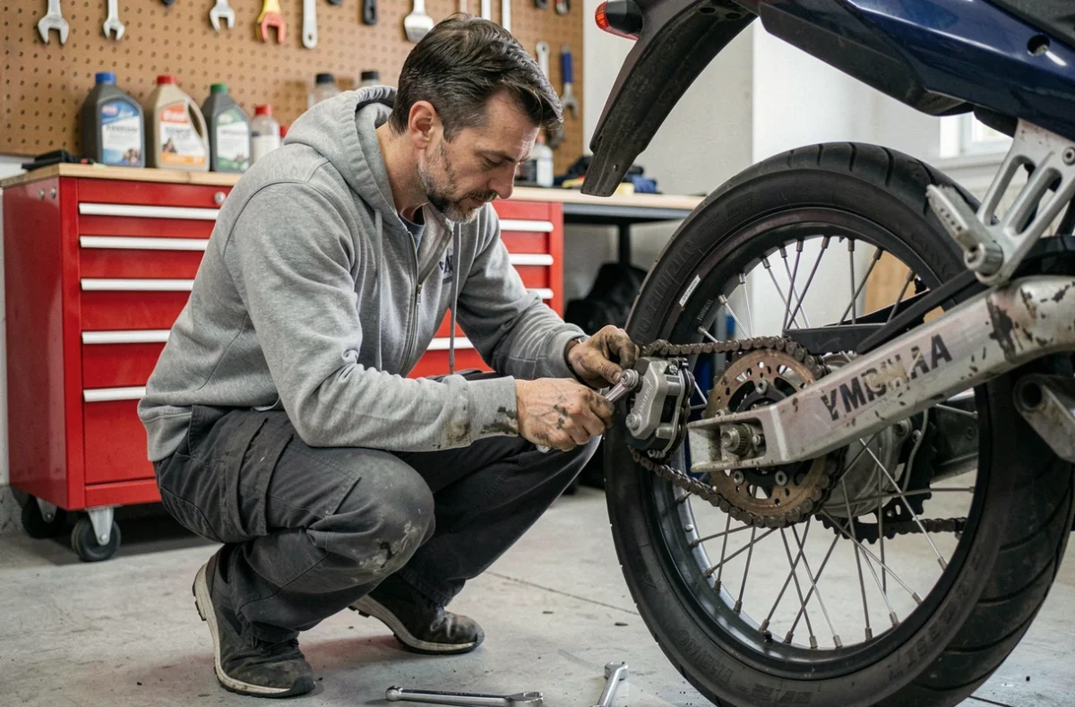 Mécanicien inspectant la chaîne et le frein arrière d'une Yamaha TZR 125 dans un garage de préparation moto piste