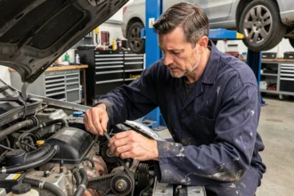 Mécanicien professionnel remplaçant une courroie de distribution dans un atelier automobile