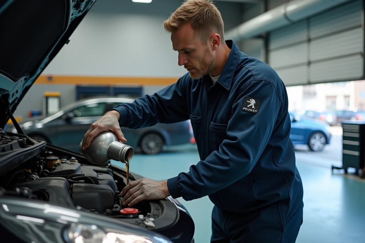 Mécanicien versant de l'huile moteur dans une Peugeot 208 essence dans un atelier de réparation urbain