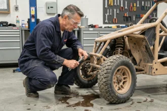 Mécanicien professionnel inspectant la suspension avant d'un buggy homologué dans un atelier automobile