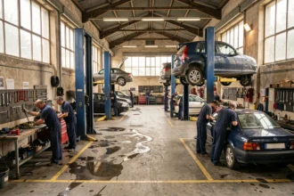 Vue d'ensemble d'un atelier mécanique automobile professionnel en Occitanie avec plusieurs mécaniciens au travail