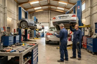 Vue d'ensemble d'un garage automobile en Vendée avec plusieurs mécaniciens travaillant sur des véhicules