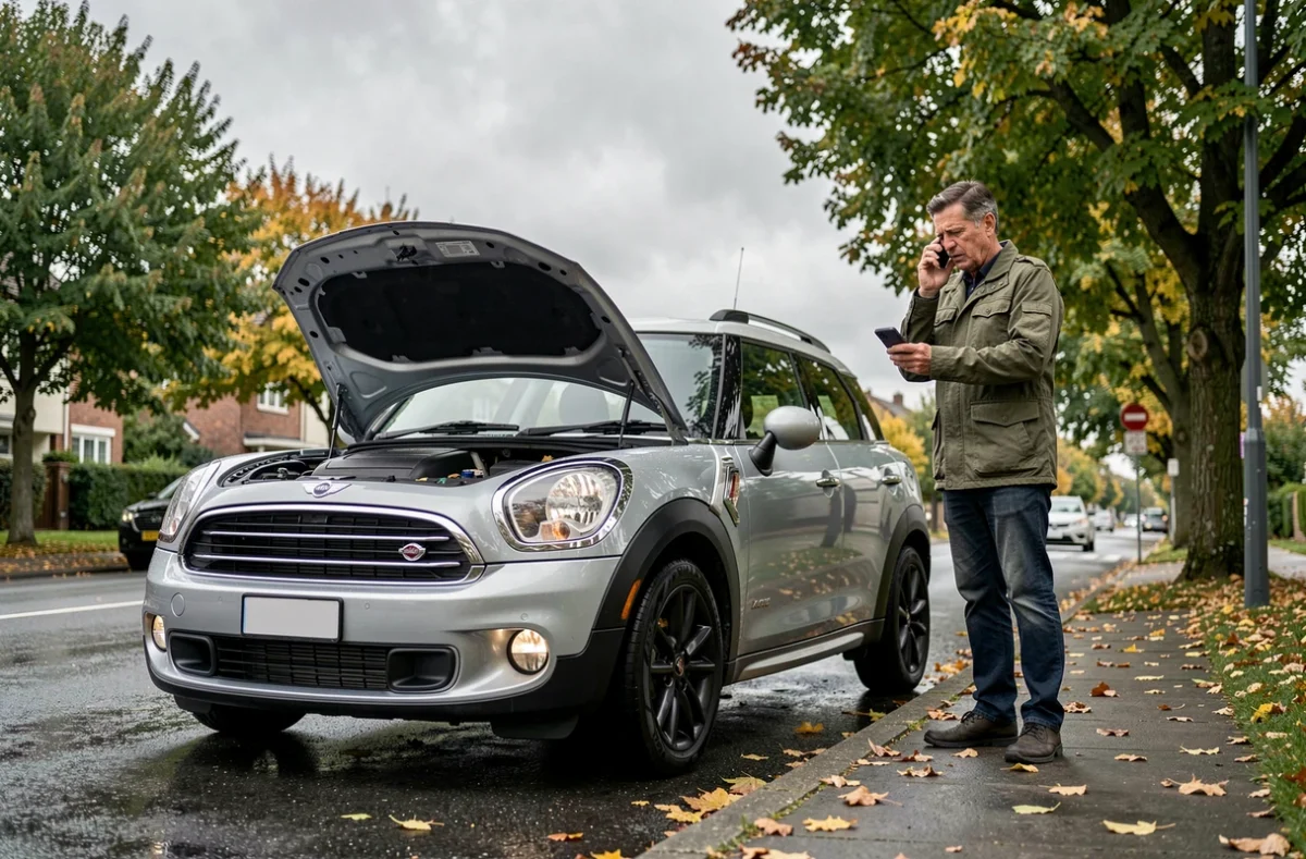 Mini Countryman en panne sur le bord de la route avec le capot ouvert et le propriétaire appelant de l'aide