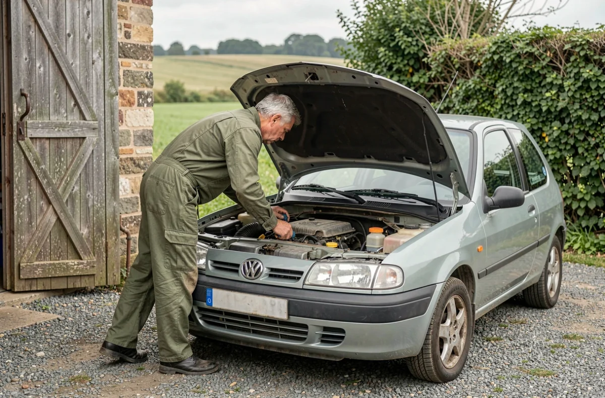 Mécanicien de Montreverd Auto effectuant un entretien automobile dans un garage rural en Vendée