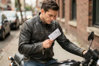 Motard sortant son attestation d'assurance moto de la poche intérieure de sa veste de cuir en ville