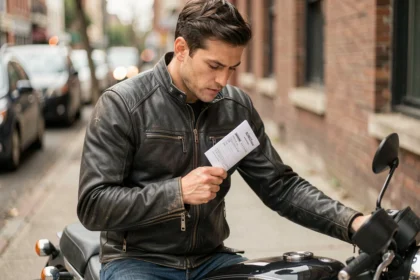 Motard sortant son attestation d'assurance moto de la poche intérieure de sa veste de cuir en ville