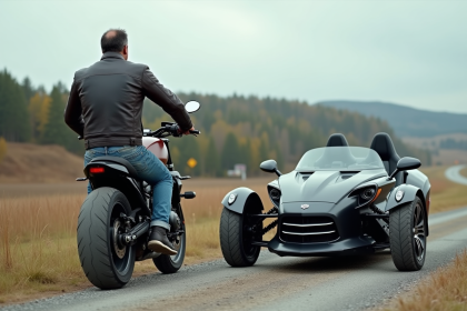 Motard homme à côté d'une moto puissante et trike moderne