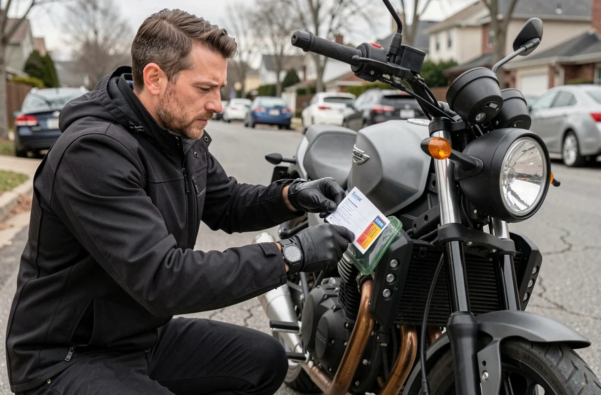 Motard insérant son certificat d'assurance dans un porte-vignette fixé au guidon de sa moto