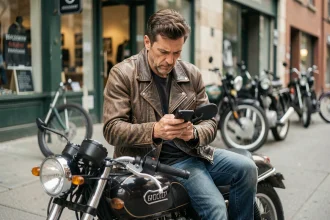 Motard consultant son smartphone assis sur sa moto pour suivre les actions de boycott du contrôle technique moto sur les réseaux sociaux