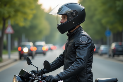Motard en pause sur le trottoir avec sa moto en ville