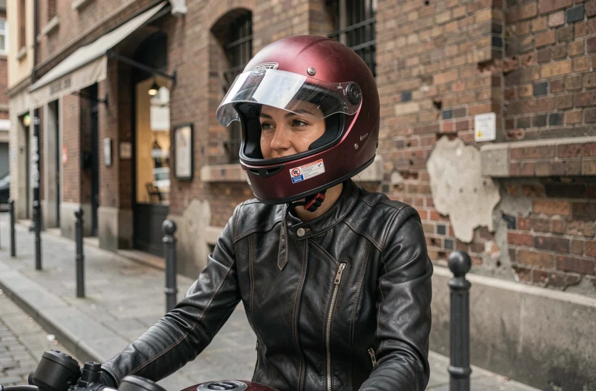 Motarde en casque intégral rouge visière relevée assise sur une moto dans une rue pavée urbaine