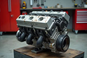 Moteur BMW M47 2.0 diesel posé sur un établi d'atelier mécanique, vue 3/4 montrant la culasse et le bloc cylindres