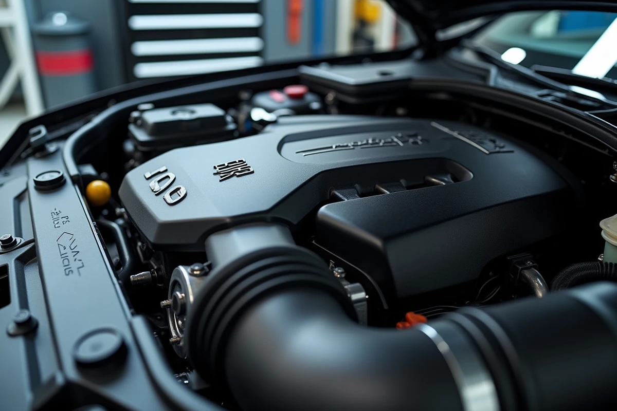Moteur turbo de véhicule récent ouvert en atelier lors d'une séance de préparation moteur sur mesure chez Shiftech Lille
