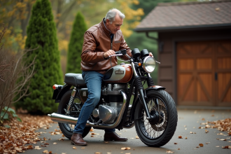 Homme passionne de moto vintage polissant une moto des annees 70