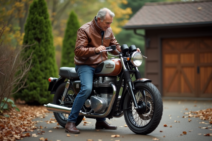 Homme passionne de moto vintage polissant une moto des annees 70