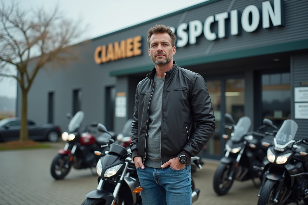 Homme moto propriétaire devant centre technique en extérieur