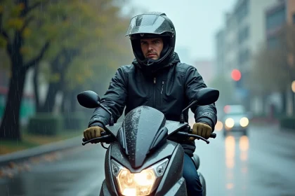 Homme en scooter Yamaha XMAX 125 sous la pluie urbaine