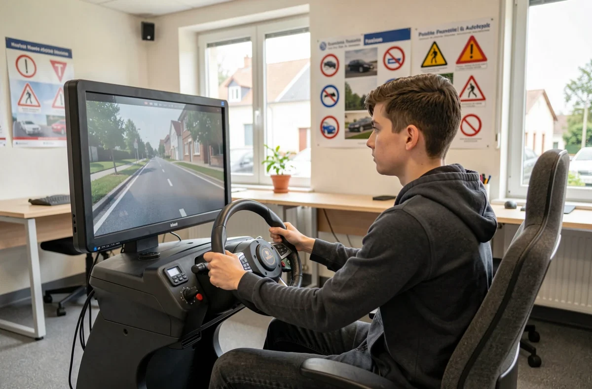 Étudiant utilisant un simulateur de conduite dans les locaux de Neufchatel Auto-Ecole à Reims