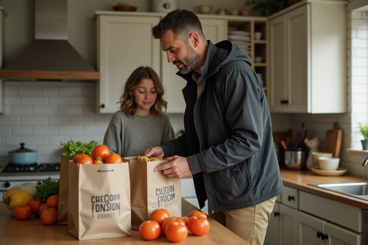 P&egrave;re d&eacute;chargeant des courses dans la cuisine avec sa fille
