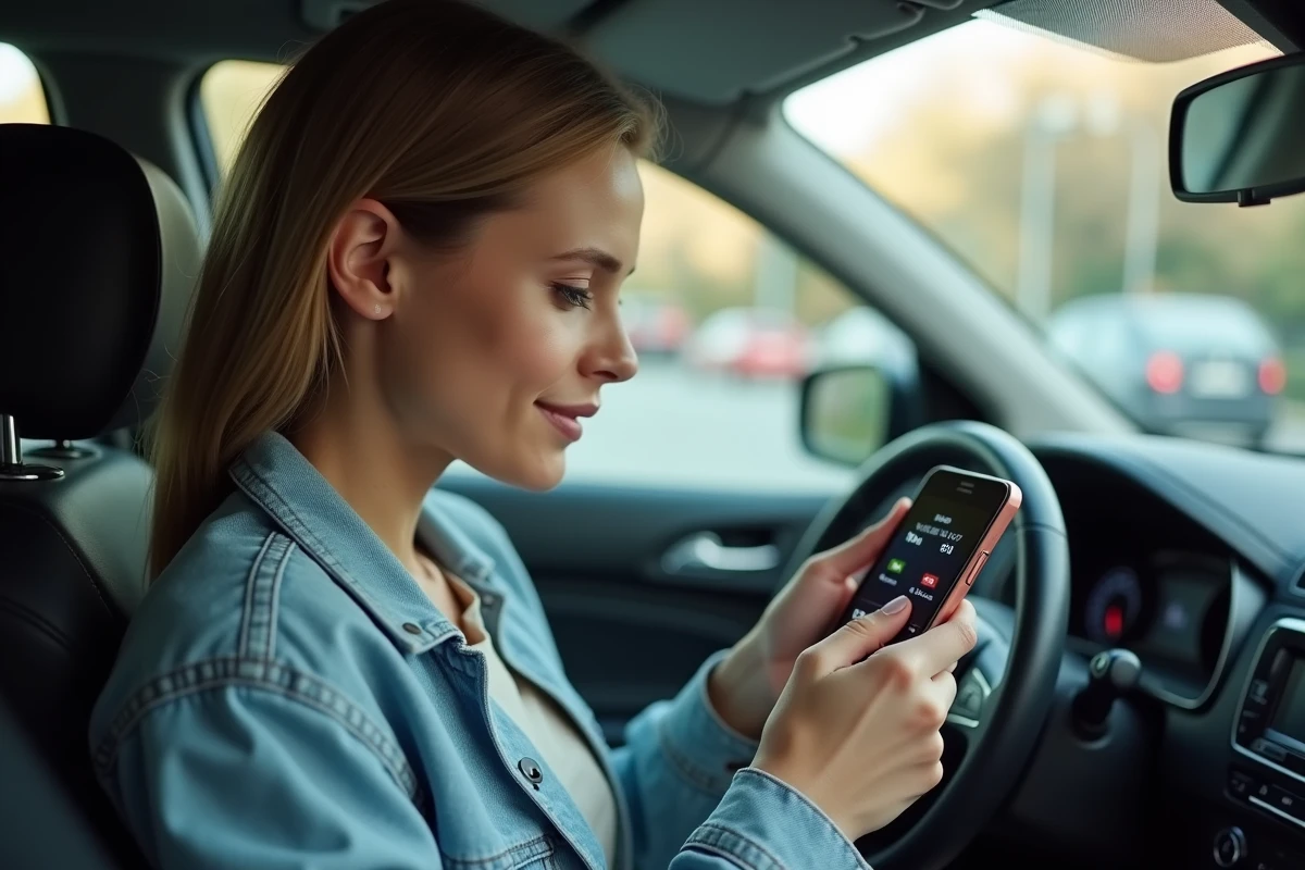 Femme passagère utilisant une application mobile de conversion de vitesse mph kph en temps réel dans une voiture en ville