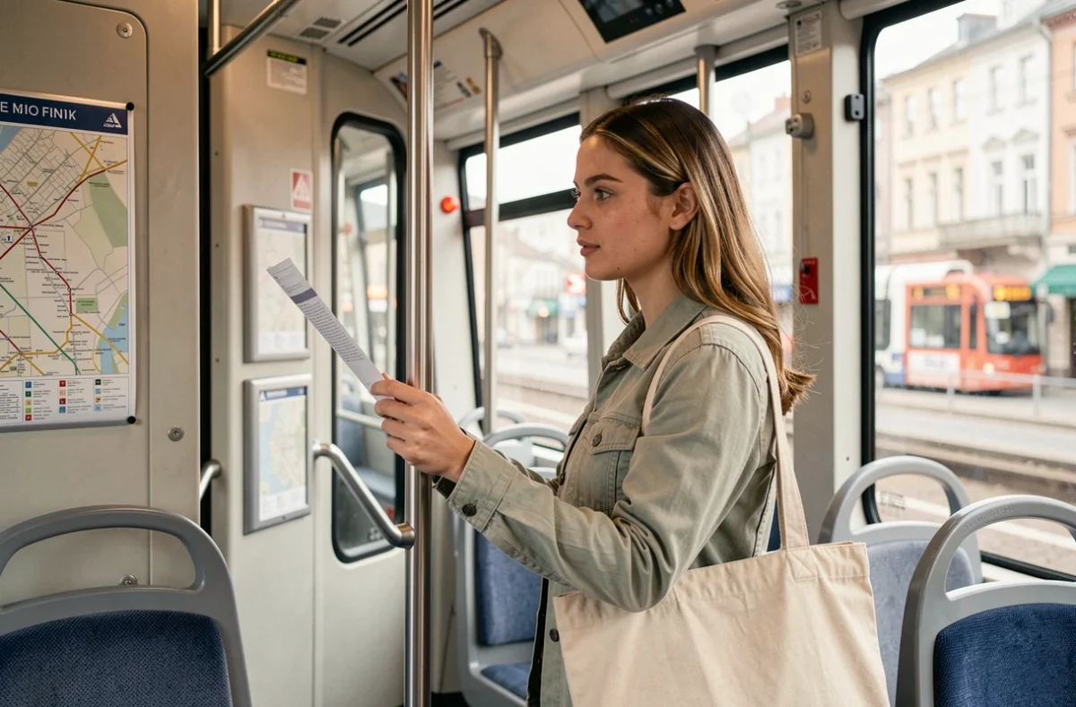 Femme consultant le plan de la ligne t5 à l'intérieur d'une rame de tramway moderne