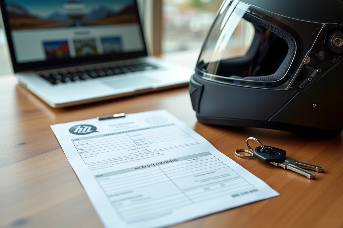 Documents de permis de conduire moto posés sur un bureau avec un casque de moto 3 roues, contexte administratif et réglementaire du permis AM ou A1