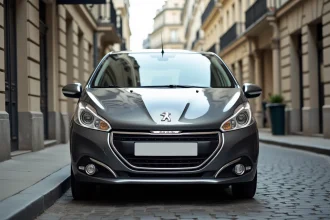 Peugeot 208 essence garée dans une rue parisienne pavée, idéale pour les petits trajets urbains