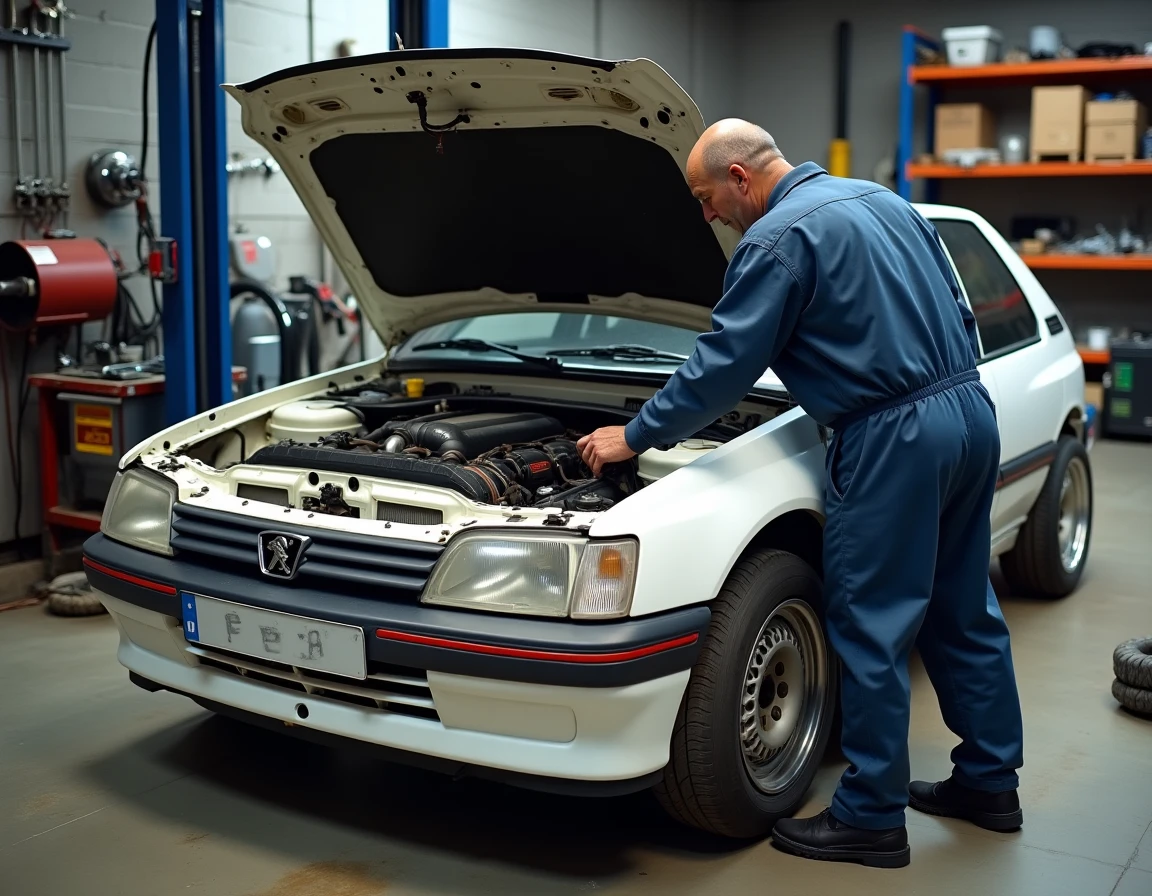 Mécano inspectant une Peugeot 306 Maxi en atelier, moteur préparation rallye visible sous le capot ouvert