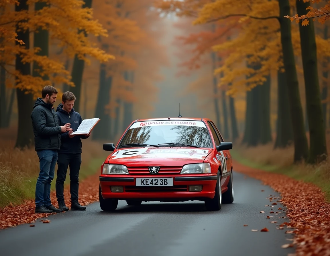 Peugeot 306 Maxi sur une route forestière en automne, deux passionnés consultant un road book à côté du véhicule