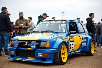 Peugeot 306 Maxi à vendre lors d'un rassemblement de voitures classiques, carrosserie bleu et jaune avec ailes élargies