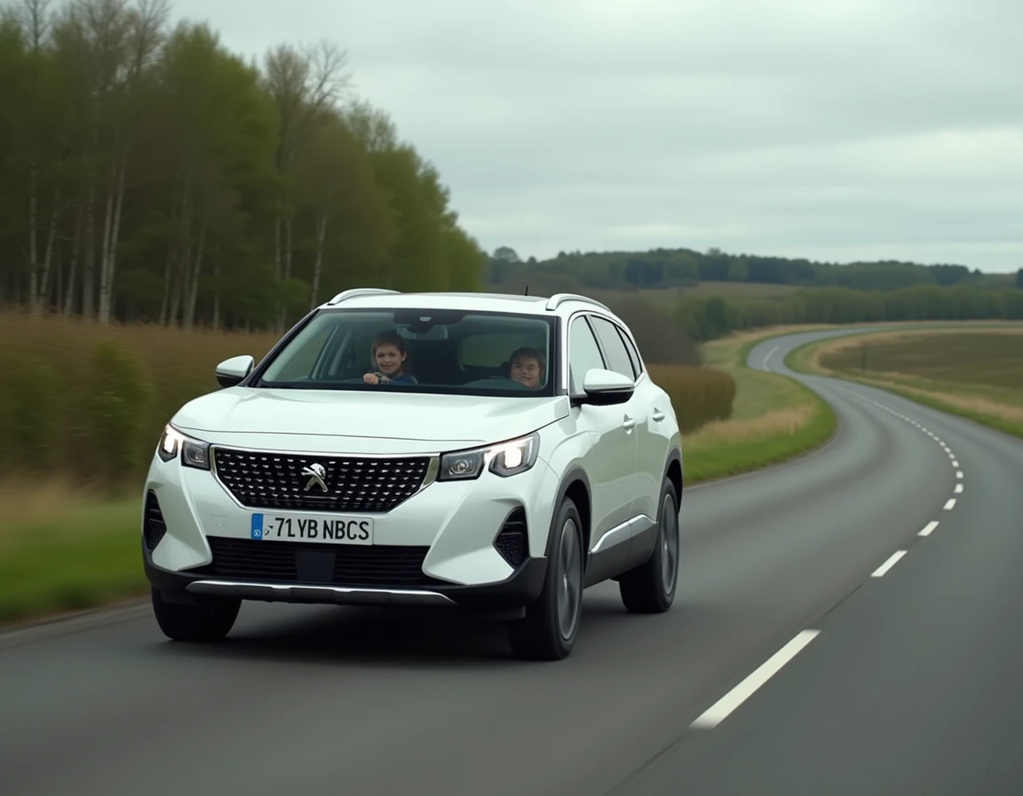 Peugeot SUV 2026 en route sur une route de campagne française en famille