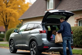Père de famille chargeant son Peugeot SUV 2026 devant une maison française en automne