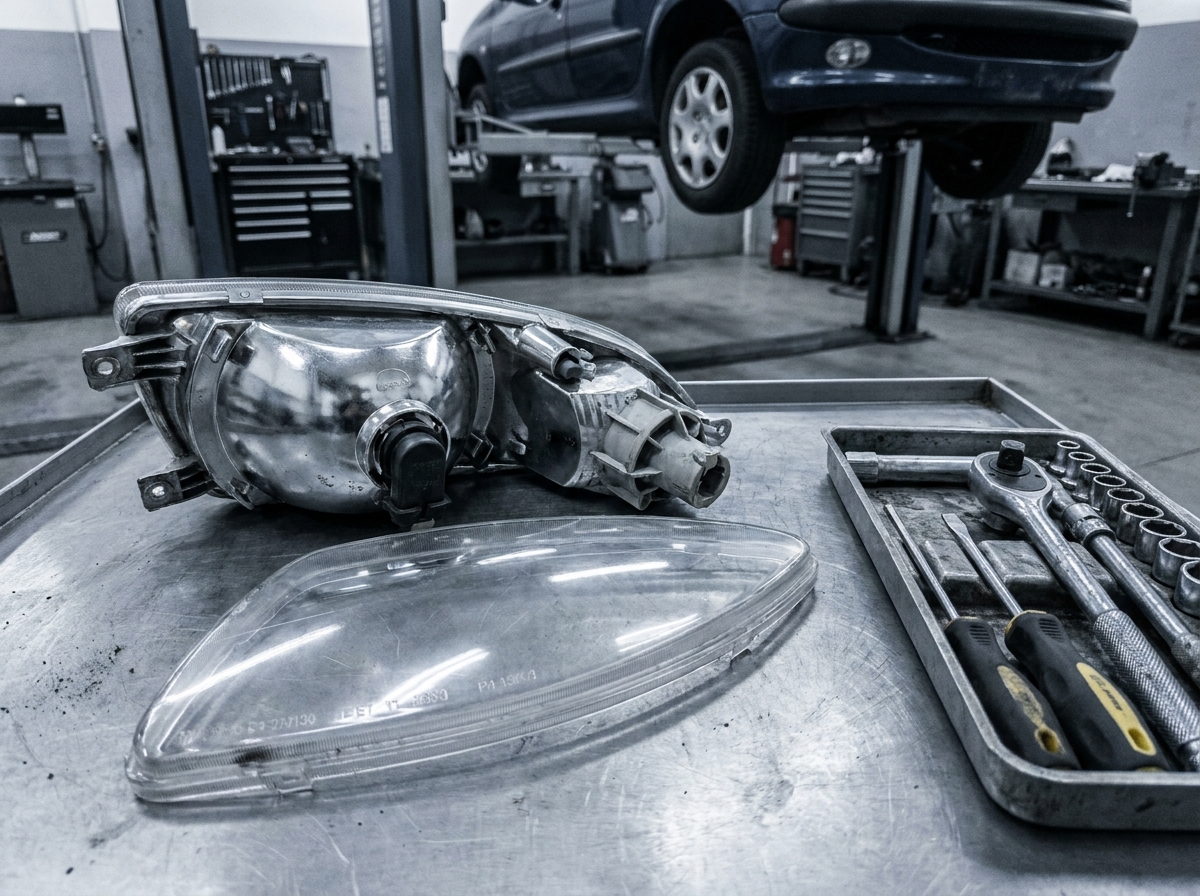 Phare avant Peugeot démonté avec ses composants internes et outils de mécanicien sur établi