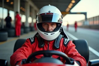 Pilote en combinaison de course rouge dans le cockpit d'une voiture de circuit sur un stage pilotage professionnel