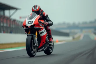 Pilote de moto professionnelle en combinaison de course sur une superbike rapide en plein circuit automobile