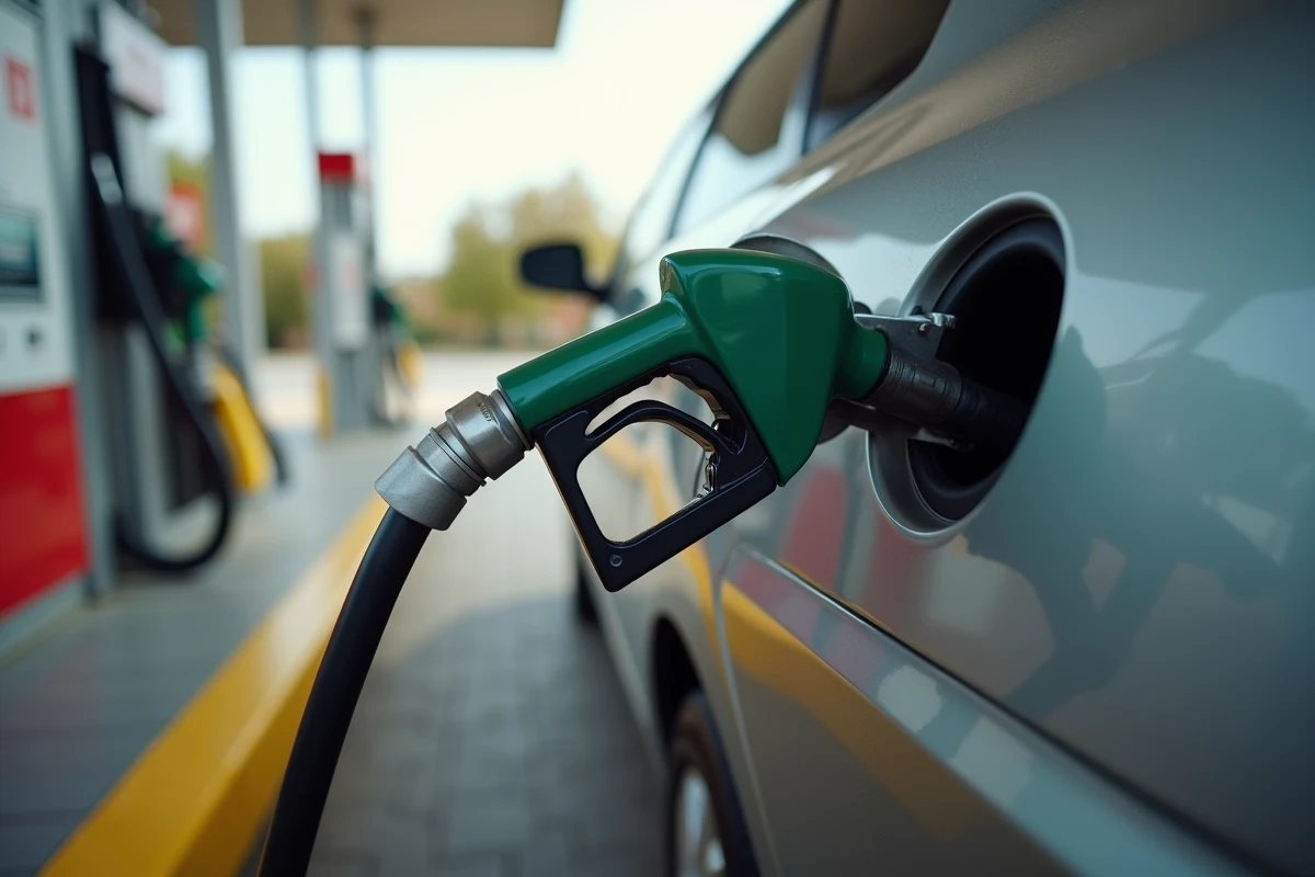Pistolet de pompe à essence inséré dans un réservoir de voiture avec ticket de caisse et carte de fidélité, illustrant les erreurs d'économies à la pompe