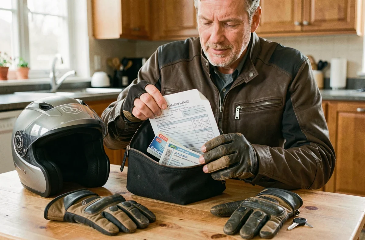 Motard organisant ses documents d'assurance moto dans une pochette à documents posée sur une table de cuisine