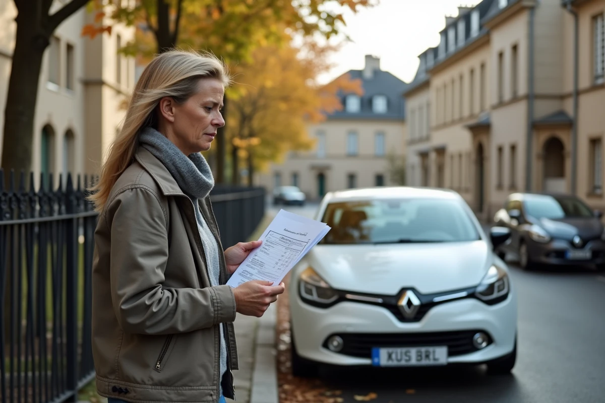 Propriétaire de Renault examinant une facture de réparation pour la panne récurrente 1525F3 dans une rue résidentielle française