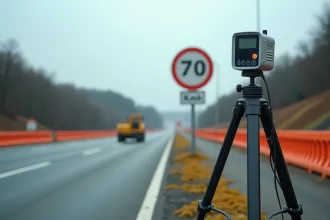 Radar de chantier sur trépied en bord de route avec signalisation temporaire de limitation de vitesse