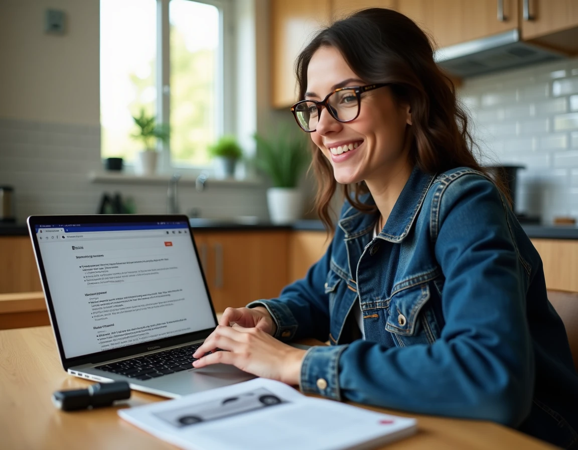 Femme cherchant un code autoradio gratuit sur un ordinateur portable à une table de cuisine