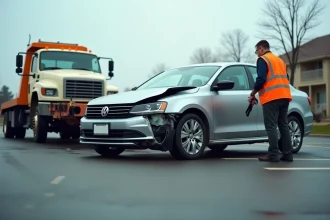 Voiture accidentée en cours de remorquage sur un parking après un sinistre automobile