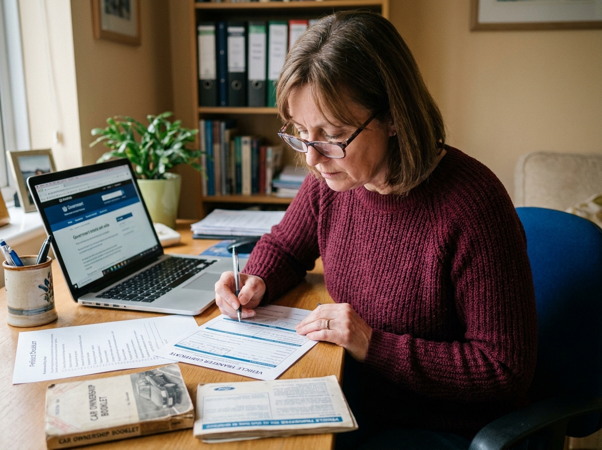 Femme remplissant un certificat de cession de véhicule à son bureau à domicile pour finaliser la vente de sa voiture entre particuliers