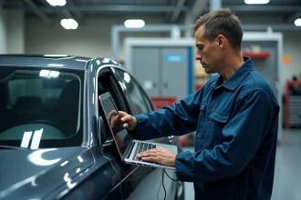 Technicien Shiftech Lille connectant un ordinateur de reprogrammation moteur via port OBD2 sur un véhicule récent en atelier