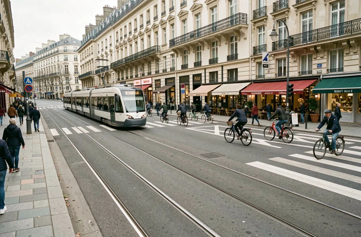 Vue de rue montrant les rails de la ligne t5 dans un quartier urbain animé avec piétons et tramway