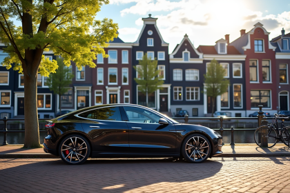 Rue moderne dans une ville néerlandaise avec voiture électrique et canaux
