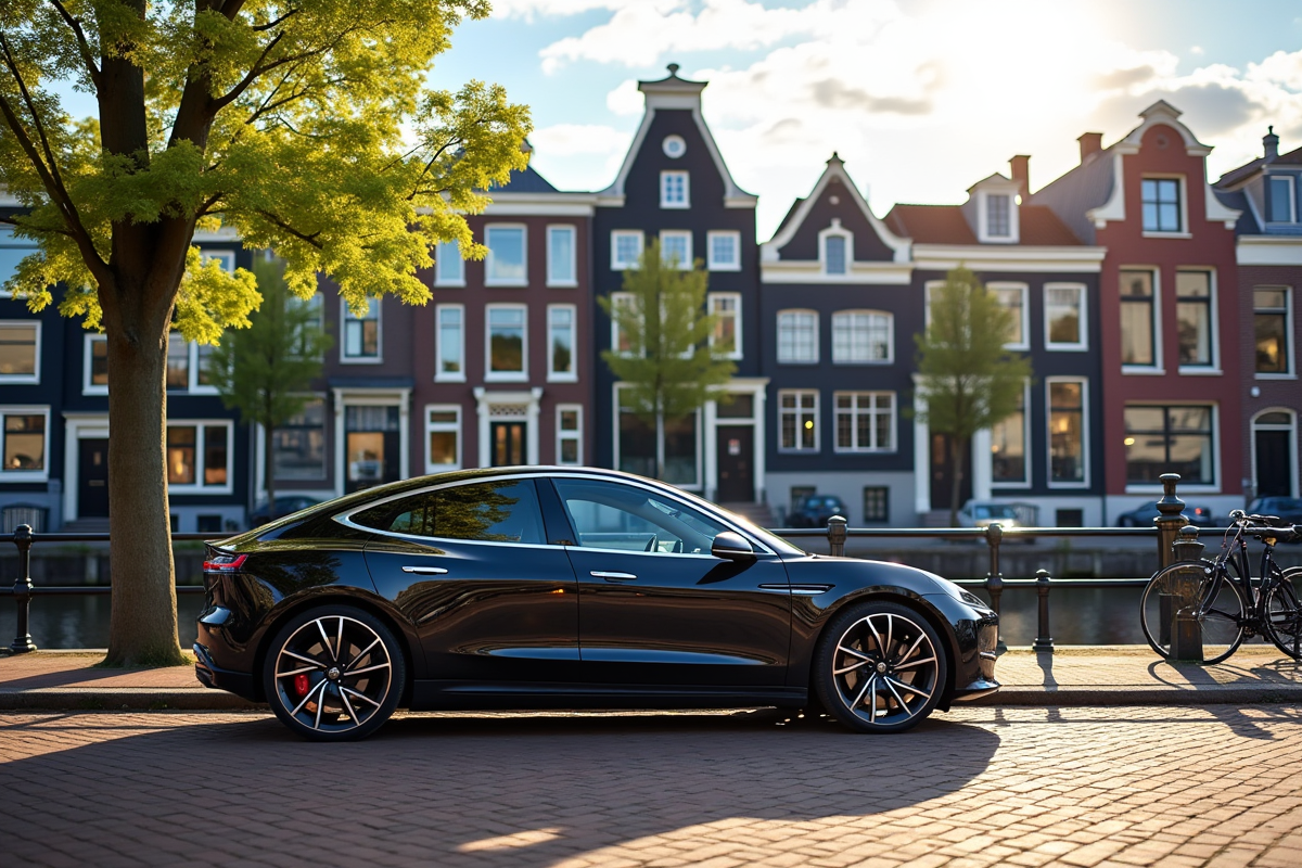 Rue moderne dans une ville néerlandaise avec voiture électrique et canaux
