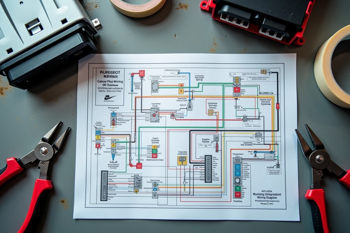 Schéma de câblage couleur pour autoradio Peugeot avec adaptateur de faisceau et connecteurs posés sur un établi d'atelier